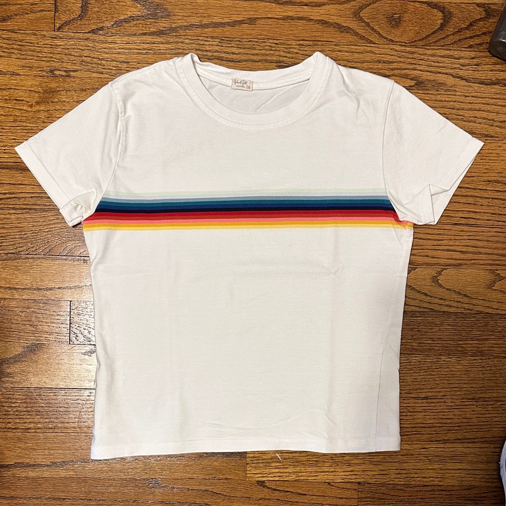 John Galt California White Tee with Rainbow Horizontal Stripes